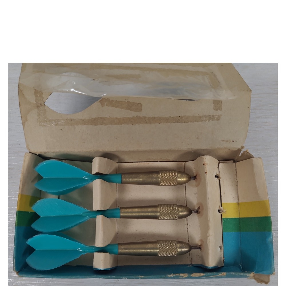 Vintage Unicorn Scoremaster Steel Tip Brass‎ Darts Set of 3 Teal Blue Flights UK